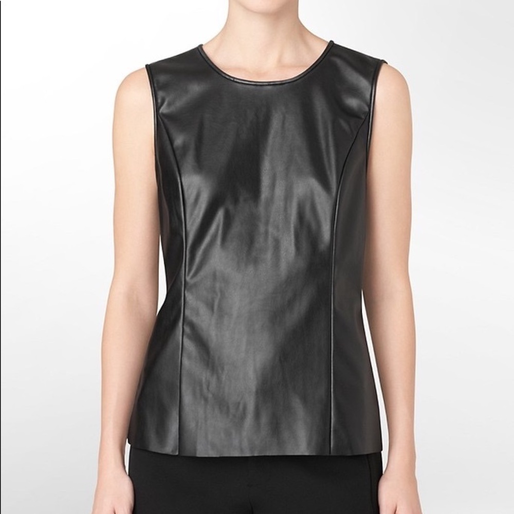 Calvin Klein Vegan Leather Black Padded Shoulder Women’s Top Size Medium NWT